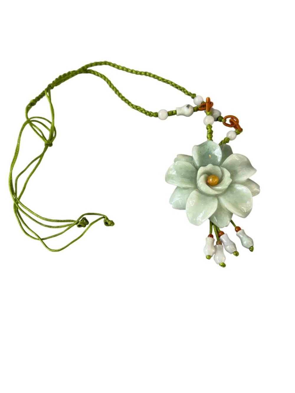 Vintage Carved Jade 3D Flower Necklace Silk Cord Adjustable Beads Estate Natural